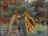 Bruno Andreas Liljefors (Uppsala, Uppsala län, Sweden, U.K. of Sweden-Norway 1860-1939 Stockholm, Kingdom of Sweden) Jägare med skjuten räv och stövare (Hunter with shot fox and beagles) - Olja på duk 1915