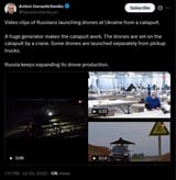 Video clips of Russians launching drones at Ukraine from a catapult. 20-07-2025 A huge generator makes the catapult work. pickup trucks.