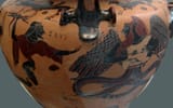 Zeus aiming his thunderbolt at a winged and snake-footed Typhon