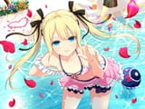 Konachan.com - 308875 aqua_eyes ball beach bikini blonde_hair flowers long_hair marie_rose navel petals ribbons senran_kagura swimsuit twintails water yaegashi_nan