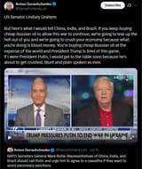US Senator Lindsey Graham 21-07-2025 But here&#039;s what I would tell China, India, and Brazil. If you keep buying cheap Russian oil to allow this war HD