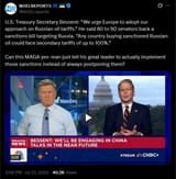 U.S. Treasury Secretary Bessent, &#039;We urge Europe to adopt our approach on Russian oil tariffs.&#039; 21-07-2025 80 to 90 senators back a sanctions bill HD