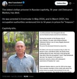 The oldest civilian prisoner in Russian captivity, 74-year-old Oleksandr Markov, has died. 22-07-2025 Enerhodar in May 2024, March 2025, occupation authorities