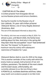 The oldest civilian prisoner in Russian captivity, 74-year-old Oleksandr Markov, has died. 22-07-2025 Enerhodar in May 2024, March 2025, occupation authorities P2