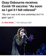 Ozzy Osbourne receives Covid-19 vaccine As soon as I got it I felt relieved