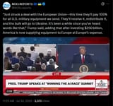 Just struck a deal with the European Union—this time they’ll pay 100% for all U.S. military equipment we send. 24-07-2025 the bulk will go to Ukraine&#039; Trump HD