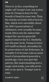Every action Trump has taken has been in the service of jews Brazil Lula South Africa all attacked Israel or Netanyahu the offiical reason was a lie-