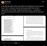 Screenshot 2025-07-24 at 23-16-33 Eric W. on X Looks like birthright citizenship might be heading back to the Supreme Court. The 2-1 decision extends far broader relief than I think is appropriate under CASA. Judge Bumatay di[...]