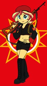 1587832__safe_artist-colon-xphil1998_sunset+shimmer_equestria+girls_g4_belly+button_beret_boots_clothes_command+and+conquer_crossover_epaulettes_gun_hat_midriff