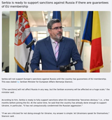Serbia is ready to support sanctions against Russia if there are guarantees of EU membership