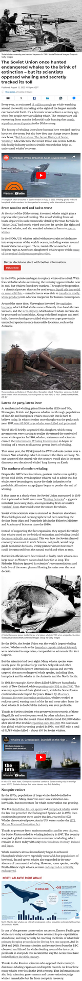 The Soviet Union once hunted endangered whales to the brink of extinction – but its scientists opposed whaling and secretly tracked its toll
