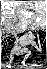 Sigurd Fafnir dragon slayer sword norse myth mythology poetic edda illustration Klugh Maria Tales from the Far North Chicago IL A Flanagan Company 1909