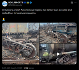 In Russia’s Jewish Autonomous Region, five tanker cars derailed and spilled fuel for unknown reasons. 03-08-2025