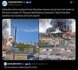 CyberBoroshno analyzed that Ukrainian drones struck two fuel tanks at the fuel complex of &#039;Bazovyi AviaPalyvnyi Operator,&#039; 03-08-2025 Sochi airport