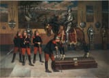 Jules Monge (Marseille, Bouches-du-Rhône, French Empire 1855-1934 Paris, French Republic) L&#039;Ancêtre ou Visite de cuirassiers au musée de l&#039;armée (The Ancestor or Tour of Cuirassiers at the Army Museum) - Huile sur toile 1921