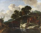 Jacob Isaackszoon van Ruisdael (Haarlem, County of Holland, Dutch Republic c.1628-1682 Amsterdam, County of Holland, Dutch Republic) Hilly Landscape with a Watermill - Oil on canvas c.1670-min
