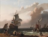 Ludolf Bakhuizen (Emden, County of East-Frisia, H.R.E. 1630-1708 Amsterdam, County of Holland, Dutch Republic) Coastal Scene with a Man-of-War and other Vessels - Oil on canvas 1692-min