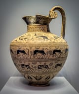 Unknown artist (Milesian 7th c. BC) Dogs, water fowl, sphinxes, wild goats, and spotted deers - pottery c.625 BC [a trefoil oinochoe, looted at Milos in c.1950 and acquired from Jewish donor Leon Levy]