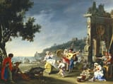 Filippo Falciatore (active in Naples, fl.1718-1768) Tarantella at Mergellina - Oil on canvas c.1750-min
