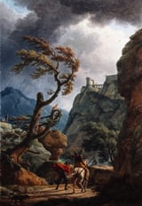 Claude-Joseph Vernet (Avignon, Comtat Venaissin, State of the Church 1714-1789 Paris, Kingdom of France) Soldiers in a Mountain Gorge, with a Storm - Oil on canvas 1789-min