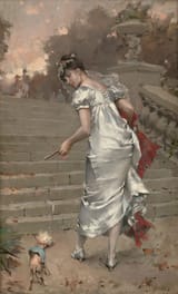Frederik Hendrik Kaemmerer (The Hague, South Holland, Kingdom of the Netherlands 1839-1902 Paris, Republic of France) Stroll in the Park, Young Parisian woman in a white silk dress with her little dog - Oil on canvas-min