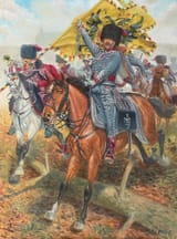 Giuseppe Rava (Faenza 1963-) 3rd regiment of French Hussars seizing an Austrian flag at the Battle of Elchingen - gouache 2025 [French victory, 14 Oct. 1805]