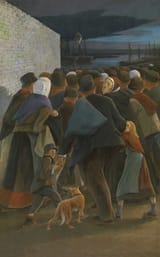Eugène Laermans (Molenbeek-Saint-Jean, Province of Brabant, Kingdom of Belgium 1864-1940 Brussels, Kingdom of Belgium) Naar de haven (To the harbor, Left part of the Emigrants Triptych) - Olieverf op doek 1896.jpg-min