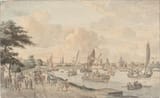 Abraham Storck (Amsterdam, County of Holland, Dutch Republic 1644-1708 ibidem) View of the Amstel seen from the Amsteldijk with the Weesperpoort on the right - Pencil, pen in black, brush in colors-min
