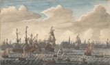 Abraham Storck (Amsterdam, County of Holland, Dutch Republic 1644-1708 ibidem) Oorlogsschepen op het IJ en gezicht op de stad (Warships on the IJ and a view of the city) - Potlood, pen en penseel in kleuren hoog met wit-min