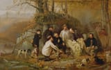 John George Brown (Durham, County Durham, England, U.K. 1831-1913 New York City, New York, U.S.A.) Claiming the Shot, A Group of Portraits after the Hunt in the Adirondacks - Oil on canvas 1865-min