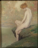 Warren Burnham Davis (New York City, New York, U.S.A. 1865-1928 Brooklyn, New York, U.S.A.) Nude by a Stream - Oil on canvas-min