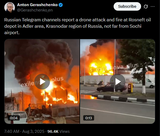 Russian Telegram channels report a drone attack and fire at Rosneft oil depot in Adler area, Krasnodar region of Russia, 03-08-2025 Sochi