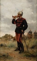 Josep Cusachs i Cusachs (Montpellier, Hérault, French Republic 1851-1908 Barcelona, Province of Barcelona, Kingdom of Spain) Trompeta de lanceros de la Reina - Óleo sobre lienzo 1885