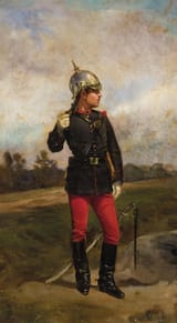 Josep Cusachs i Cusachs (Montpellier, Hérault, French Republic 1851-1908 Barcelona, Province of Barcelona, Kingdom of Spain) A soldier holding a rifle - Oil on cavnas 1890