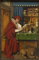 Jan van Eyck (Maaseik, Prince-Bishopric of Liège, Holy Roman Empire c.1390-1441 Bruges, County of Flanders, Holy Roman Empire) Saint Jerome in His Study - Oil on linen paper c.1435-min