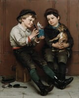 John George Brown (Durham, County Durham, England 1831-1913 New York City, U.S.A.) A Surprise Party - Oil on canvas 1888-min