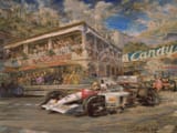 Alfredo de la María (Montevideo 1945-) Ayrton Senna leading to victory in his McLaren MP4-6 Honda, followed by Alain Prost&#039;s Ferrari 642 F1, at the Rascasse in the 1991 Monaco GP - oil on canvas 2014 [12 May 1991]