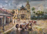 Alfredo de la María (Montevideo 1945-) Bernd Rosemeyer&#039;s Auto Union C spinning out of control under rain at the 1936 Monaco GP, Giuseppe Farina escaping from the crash - oil on canvas 1995 [13 Apr. 1936]