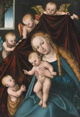 Lucas Cranach the Elder (Kronach, Prince-Bishopric of Bamberg, Holy Roman Empire c.1472-1553 Weimar, Electorate of Saxony, Holy Roman Empire) Madonna and Child with Infant Saint John the Baptist and Angels - Oil on wood 1536-min