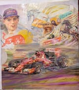 Alfredo de la María (Montevideo 1945-) Max Verstappen and Sebastian Vettel, with the latter&#039;s Ferrari at the 2018 German GP - oil on canvas 2021 [22 July 2018]