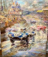 Alfredo de la María (Montevideo 1945-) Stirling Moss driving his Jaguar D-Type at the 1954 24 Hours of Le Mans - oil on canvas 2020 [12-13 June 1954]