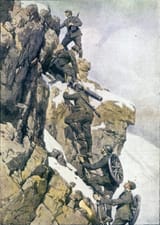 WW1 Italian alpine hunters alpino or alpini carrying material on a summit of the Italian Alps
