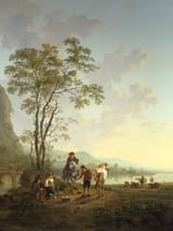 Jacob van Strij (Dordrecht, County of Holland, Dutch Republic 1756-1815 Dortrecht, Holland, Sovereign Principality of the United Netherlands) Italianate landscape with travelers on the side of the road - Oil on canvas-min