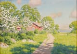 Johan Krouthén (Linköping, Östergötlands län, U.K. of Sweden-Norway 1858-1932 Linköping, Östergötlands län, Kingdom of Sweden) Early summer day with blooming fruit trees by a red cottage - Oil on canvas 1914