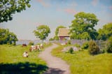 Johan Krouthén (Linköping, Östergötlands län, U.K. of Sweden-Norway 1858-1932 Linköping, Östergötlands län, Kingdom of Sweden) Kor i grönskande landskap med röd stuga (Cows in green landscape with red cottage) - Olja på duk 1919-min
