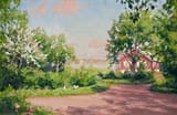 Johan Krouthén (Linköping, Östergötlands län, U.K. of Sweden-Norway 1858-1932 Linköping, Östergötlands län, Kingdom of Sweden) Pecking hens by flowering fruit trees and a red cottage - Oil on canvas-min