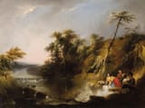 Manuel Barrón y Carrillo (Seville, Kingdom of Seville, Kingdom of Spain 1814-1884 Seville, Province of Seville, Kingdom of Spain) Family of peasants on the river - Oil on canvas