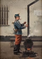 Jules Monge (Marseille, Bouches-du-Rhône, French Empire 1855-1934 Paris, French Republic) Soldier warming up - Oil on panel 1904
