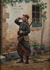 Jules Monge (Marseille, Bouches-du-Rhône, French Empire 1855-1934 Paris, French Republic) Soldier drinking wine - Oil on panel 1904