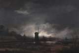Aert van der Neer (Gorinchem, County of Holland, Dutch Republic c.1603-1677 Amsterdam, County of Holland, Dutch Republic) Moonlit Landscape with a Windmill - Oil on oak panel 1650&#039;s-min